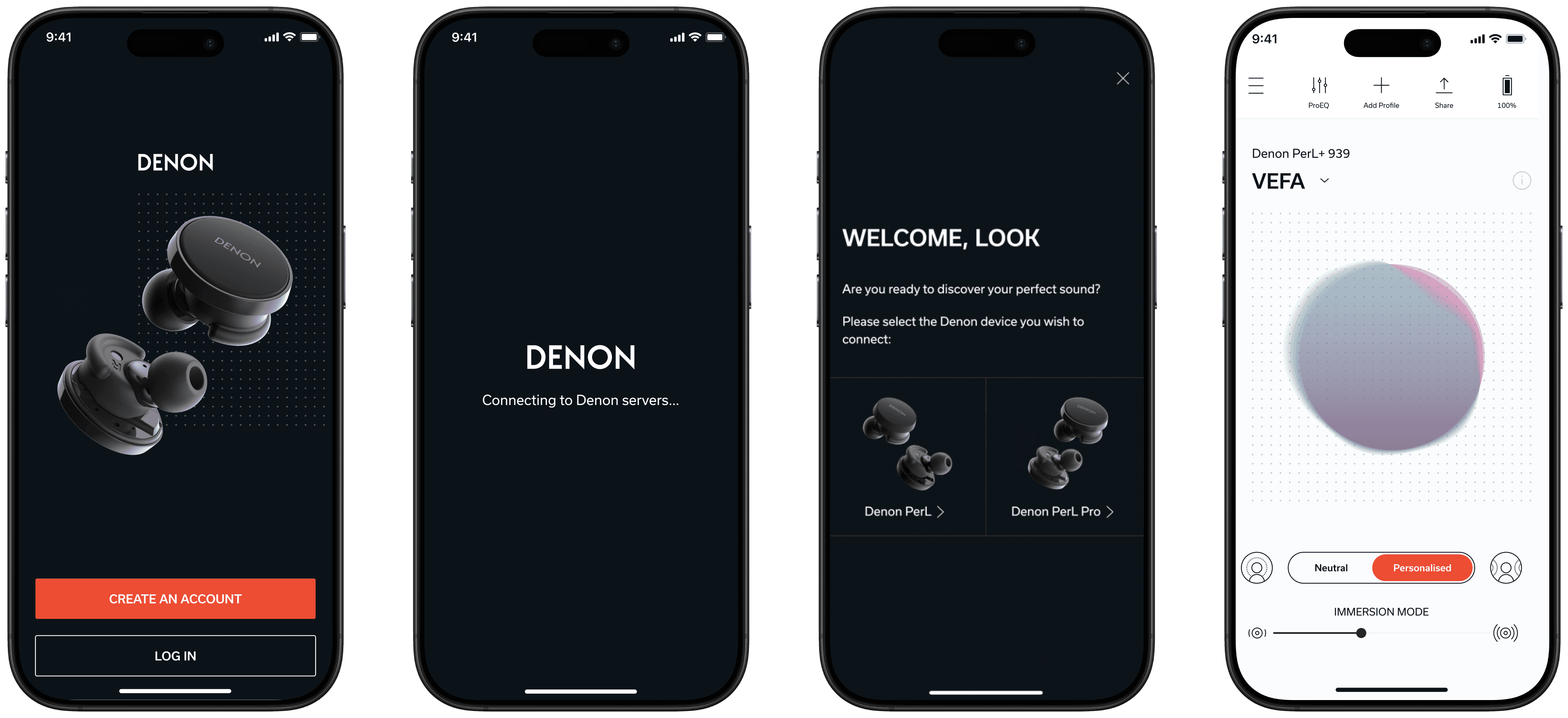 Inherited onboarding flow — create an account or log in, a 'Connecting to Denon servers' wait screen, a welcome and device-selection screen, then the old VEFA home screen.