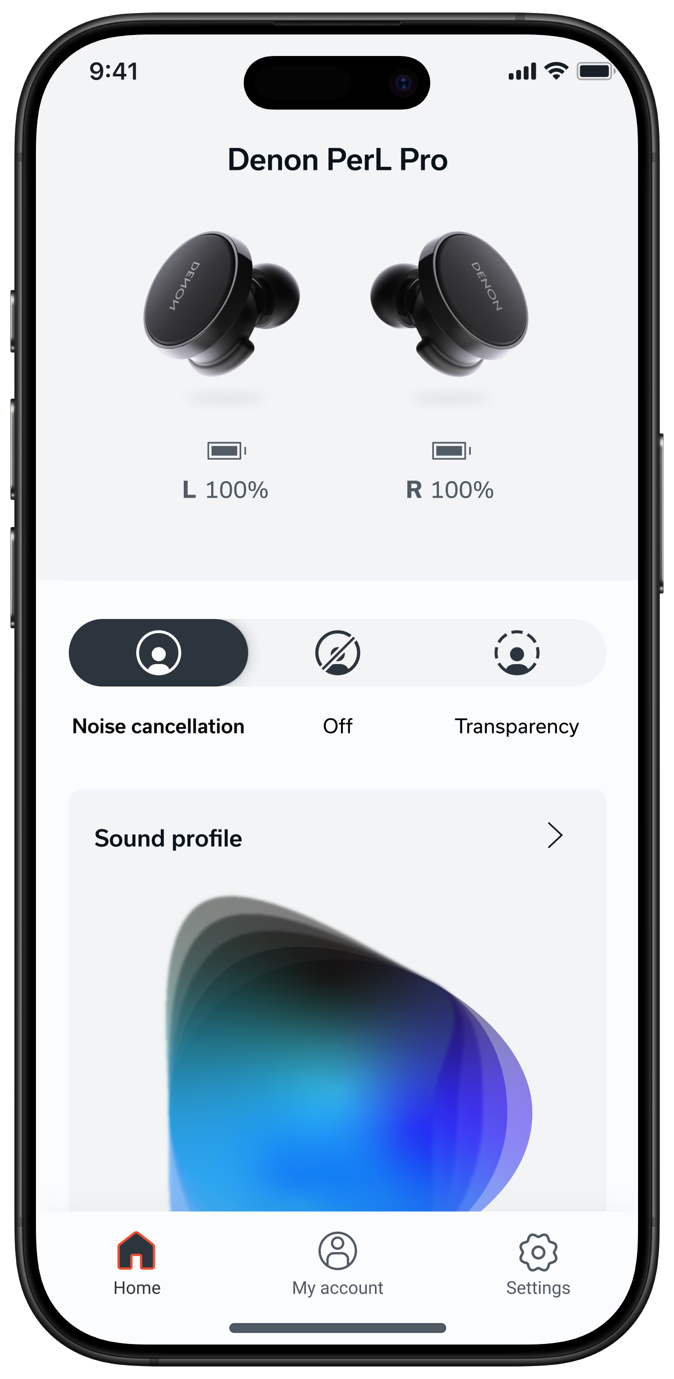 After — the redesigned home screen, leading with device status, noise control and the sound profile card.