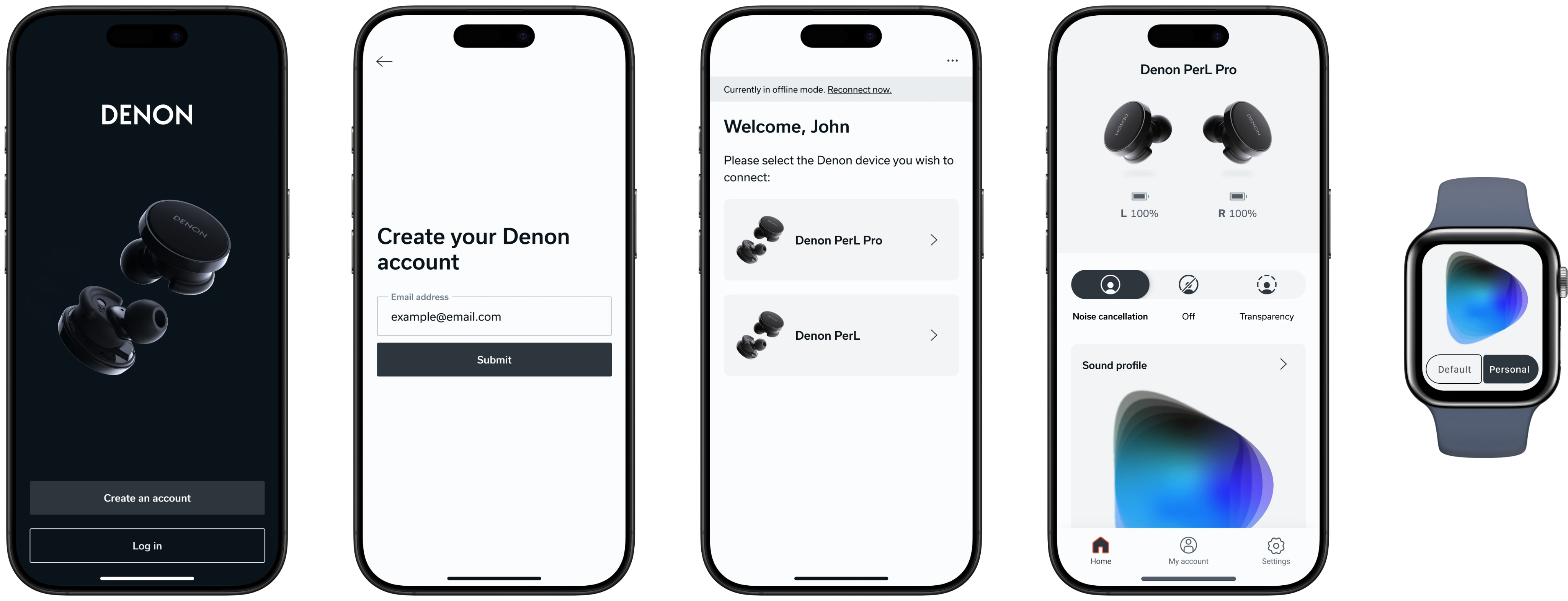 Redesigned Denon app flow — sign in, create account, select device, home and control, and the watch screen.