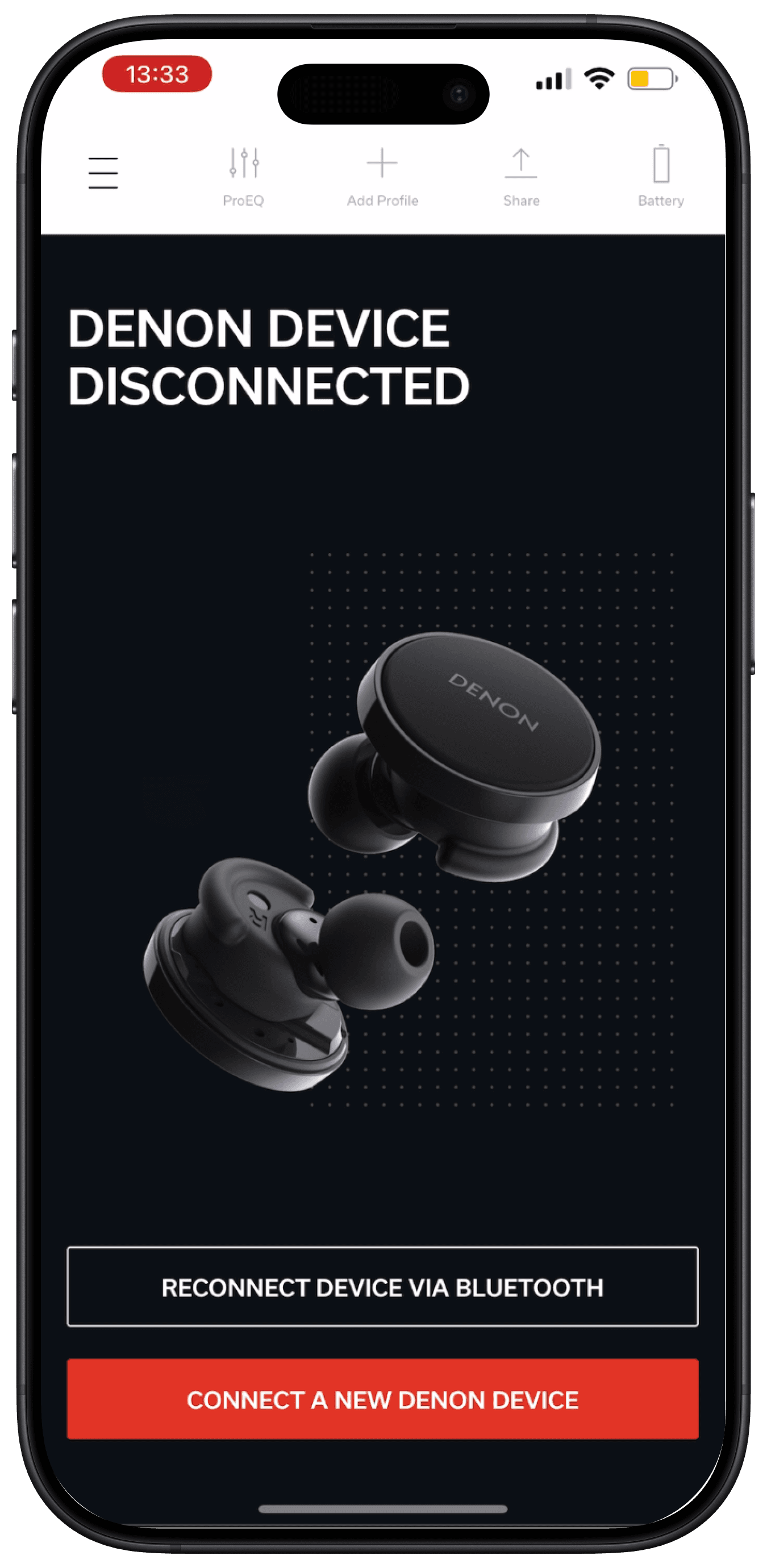 Old disconnected state — a full-screen 'Denon device disconnected' message with reconnect and connect-new-device buttons.
