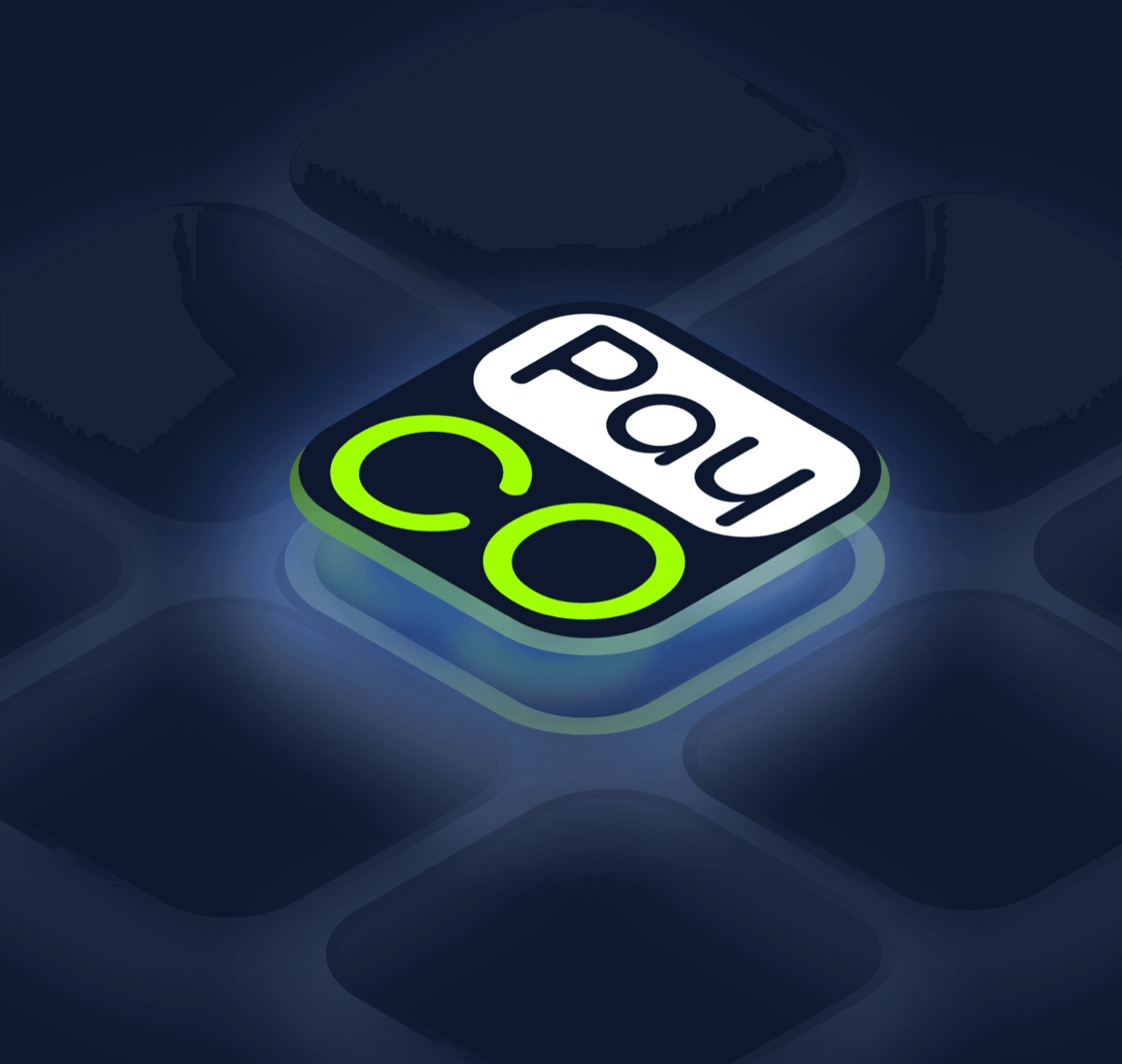 The redesigned PayCO app icon — a stacked Pay / CO mark glowing on a dark home screen