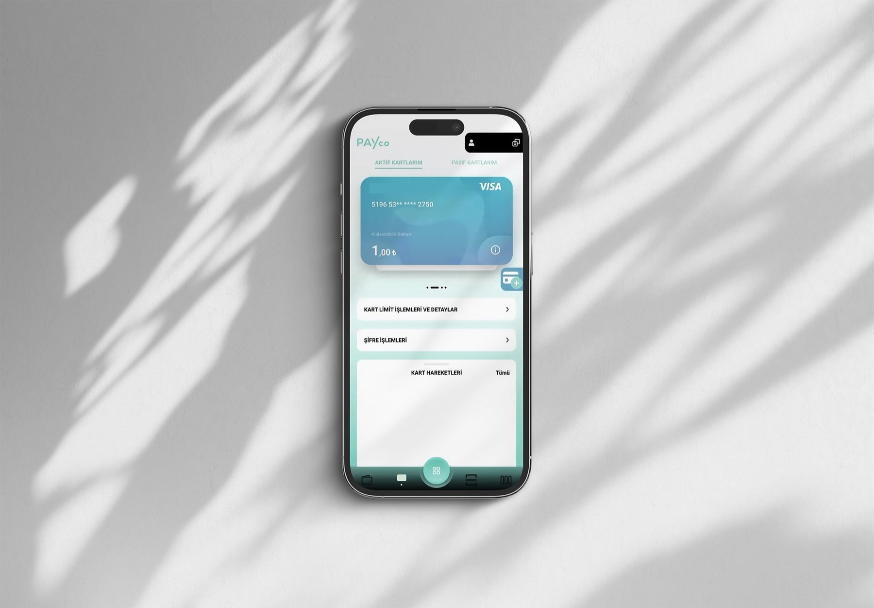 The existing PayCO app — the old teal cards screen before the redesign