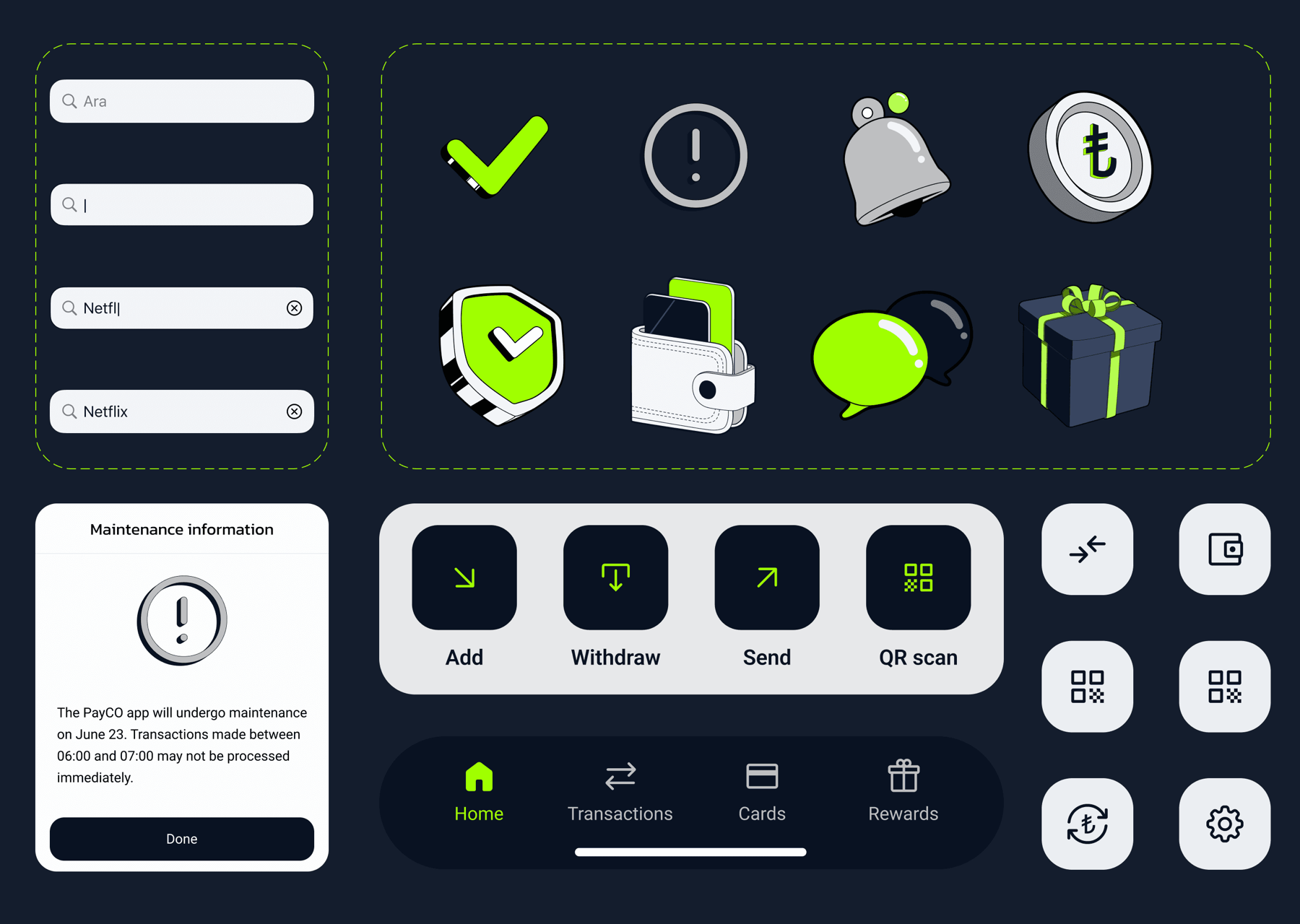 The PayCO design system — input and search states, custom illustrations for success, warnings and rewards, action buttons and the icon set on a dark navy canvas
