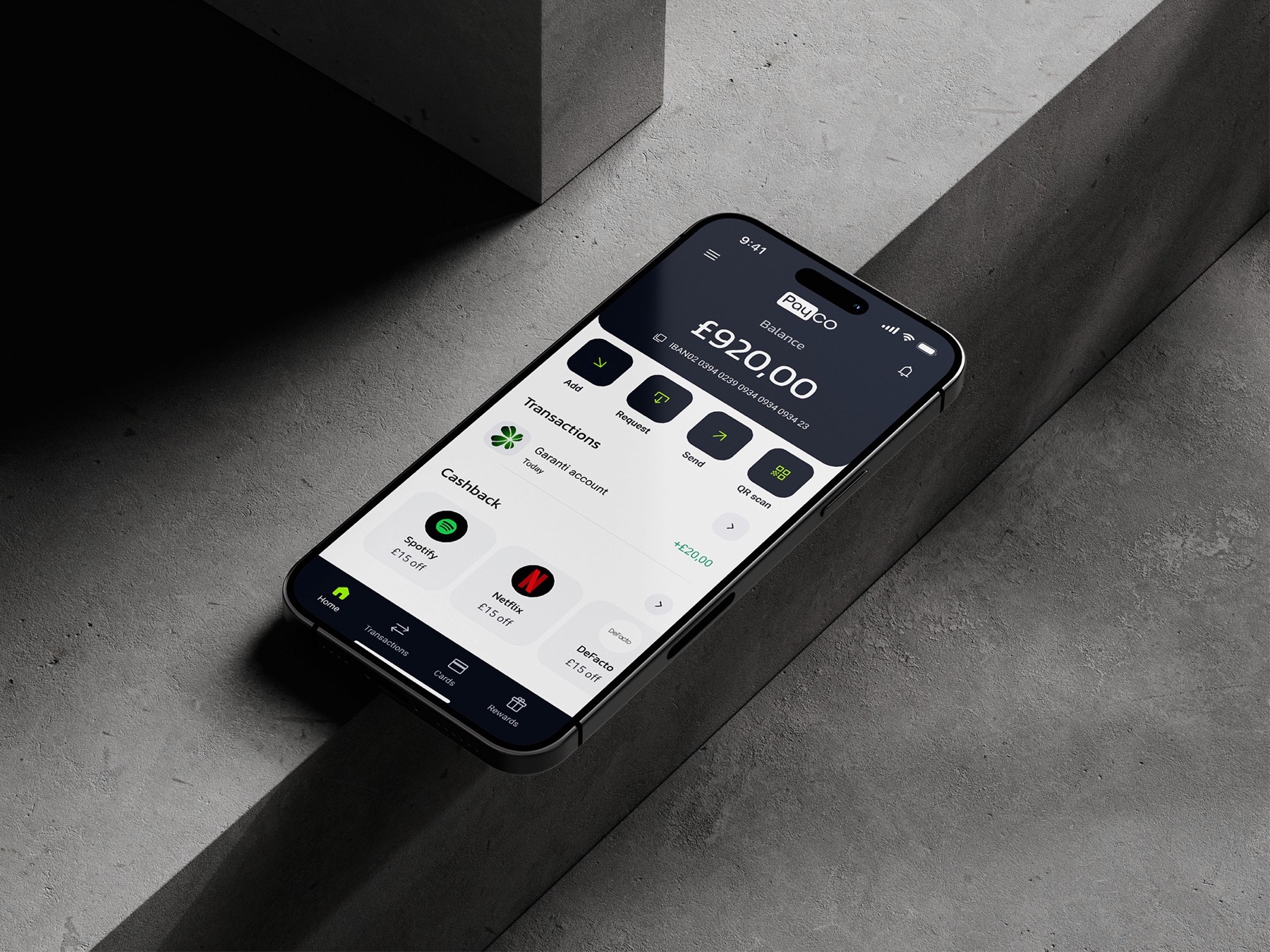 PayCO wallet — redesigned home screen on an iPhone, showing a £920.00 balance with quick actions and cashback