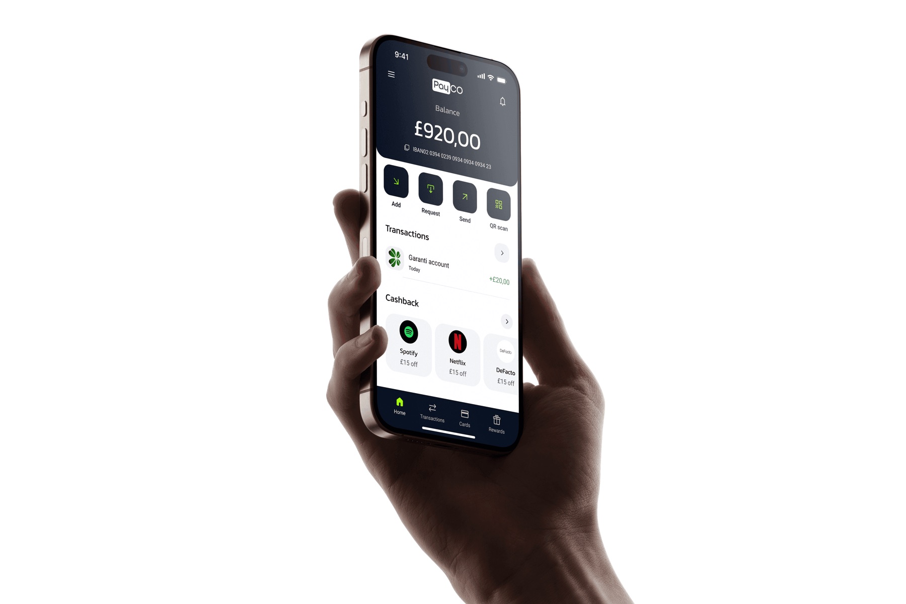 The redesigned PayCO home screen held in hand — £920.00 balance, quick actions and cashback offers