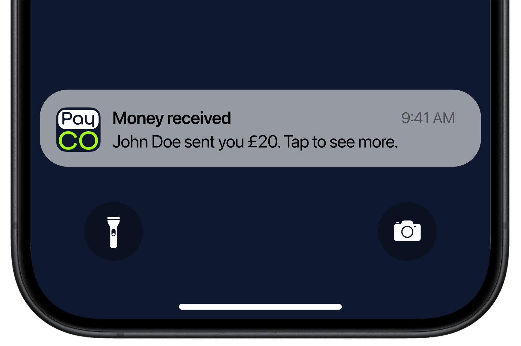 A PayCO push notification on the lock screen — 'Money received. John Doe sent you £20.'