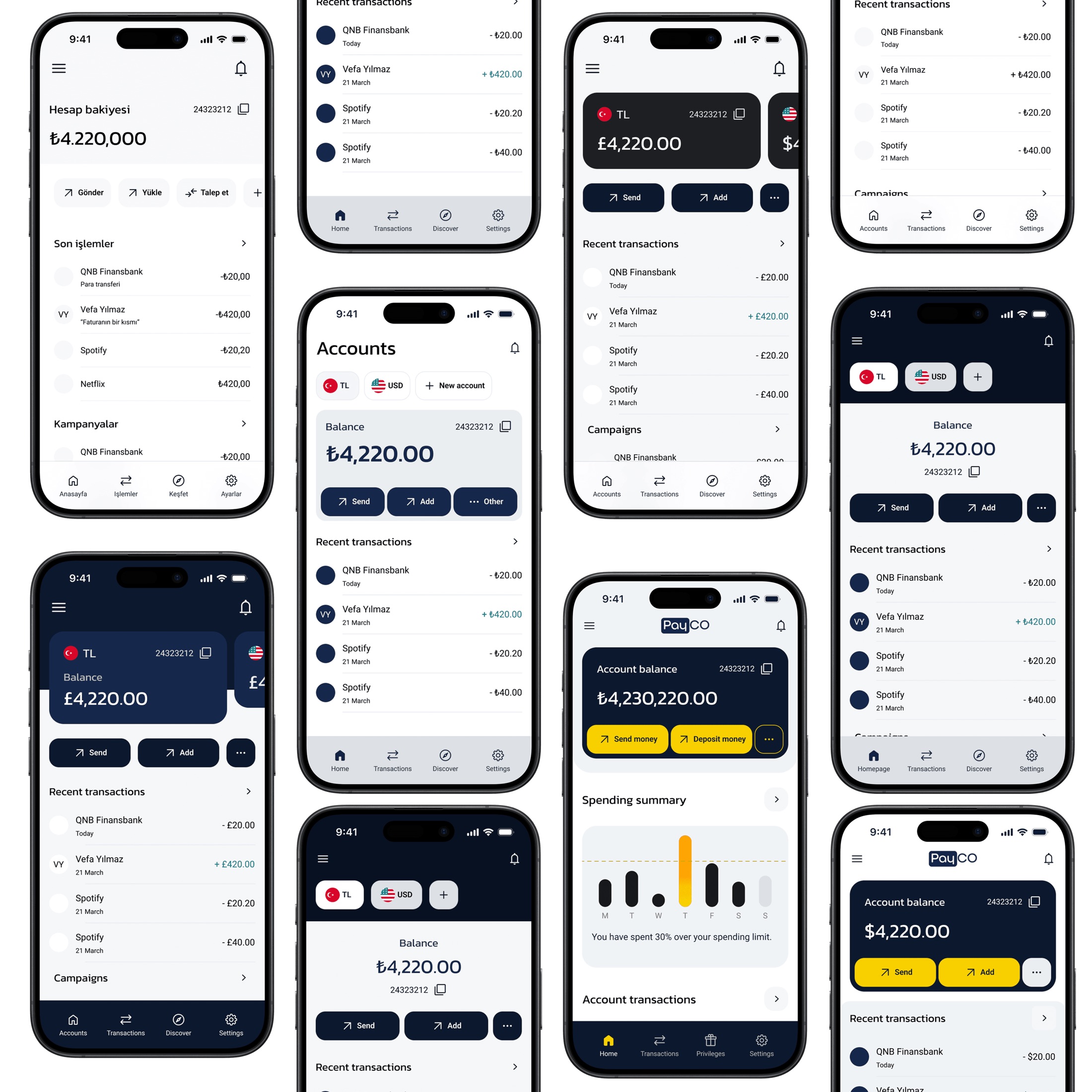 A montage of redesigned PayCO app screens — home, accounts, transactions, spending summary and cards
