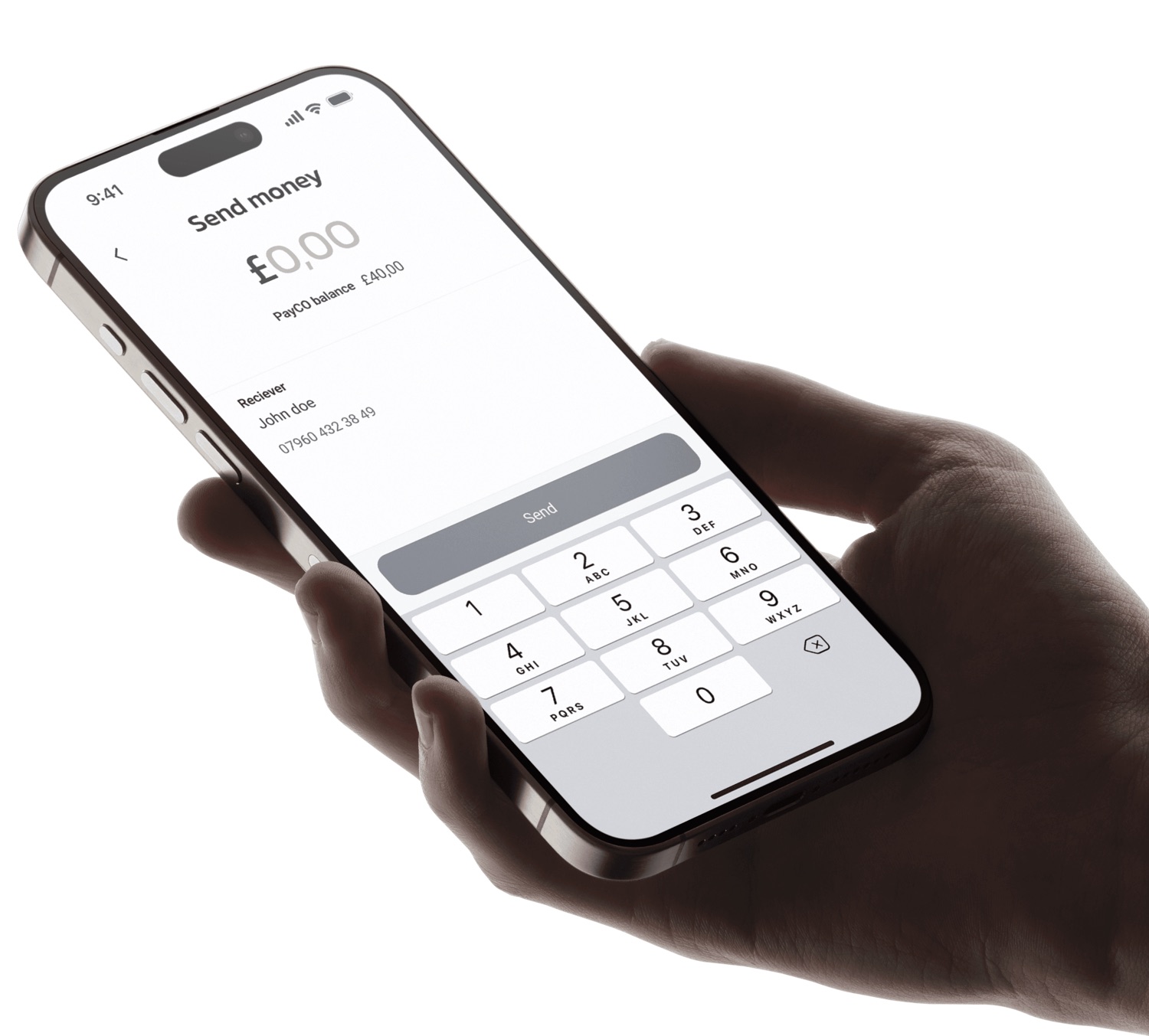 The PayCO Send money flow — recipient details and a numeric keypad to enter an amount