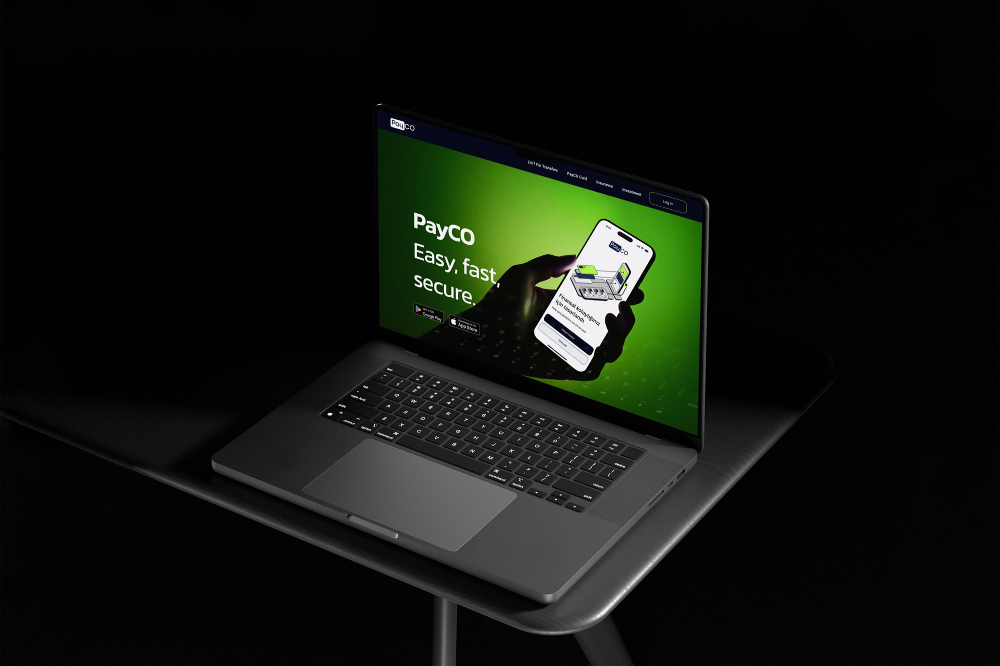 The PayCO marketing website on a laptop — a green hero with 'Easy, fast, secure.' and app store links