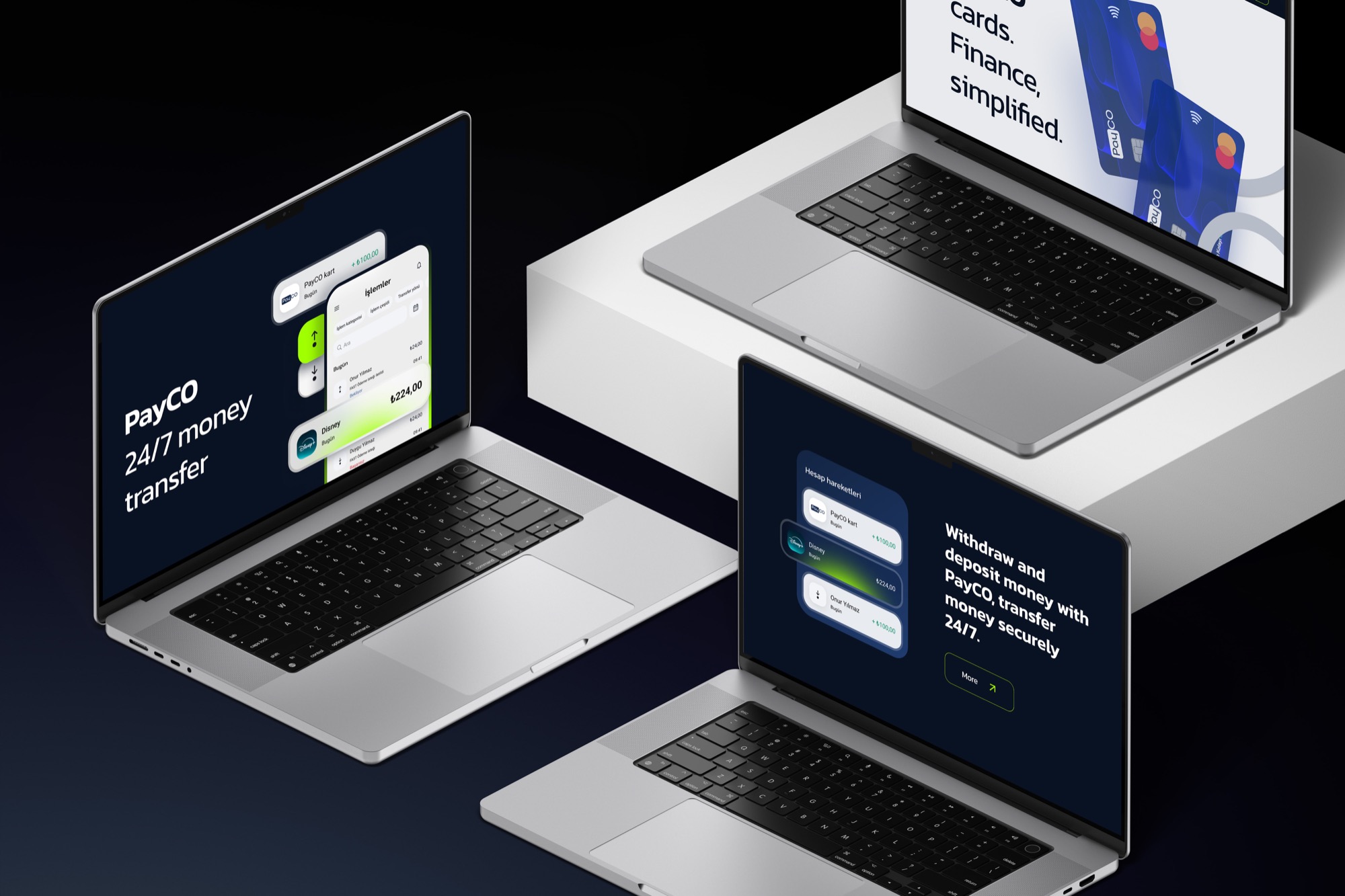 PayCO marketing website sections across three laptops — 24/7 money transfer, cards and secure withdraw and deposit