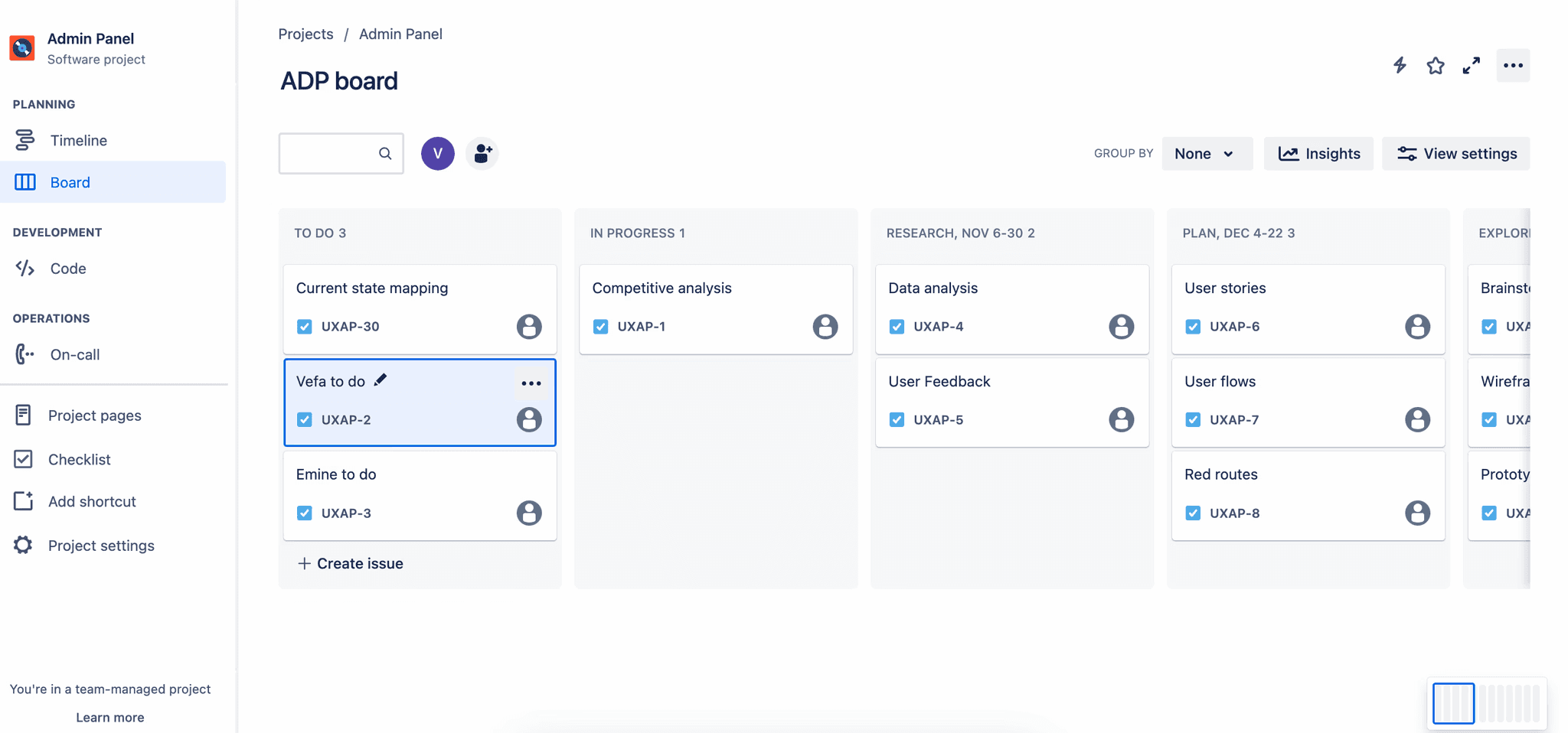 Weekly roadmap board with detailed UX tasks and to-do lists