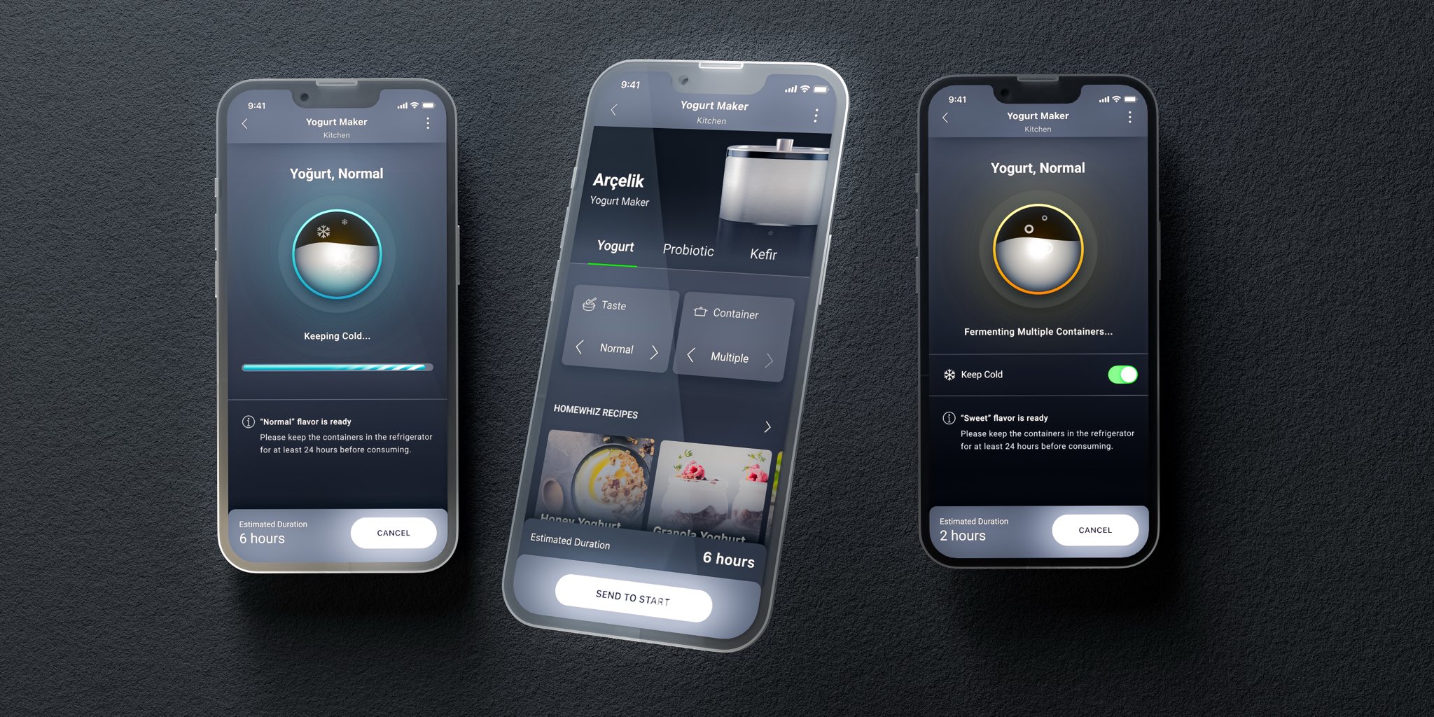 Three HomeWhiz screens — keeping cold, program setup with taste and container options, and fermenting multiple containers with a keep-cold toggle