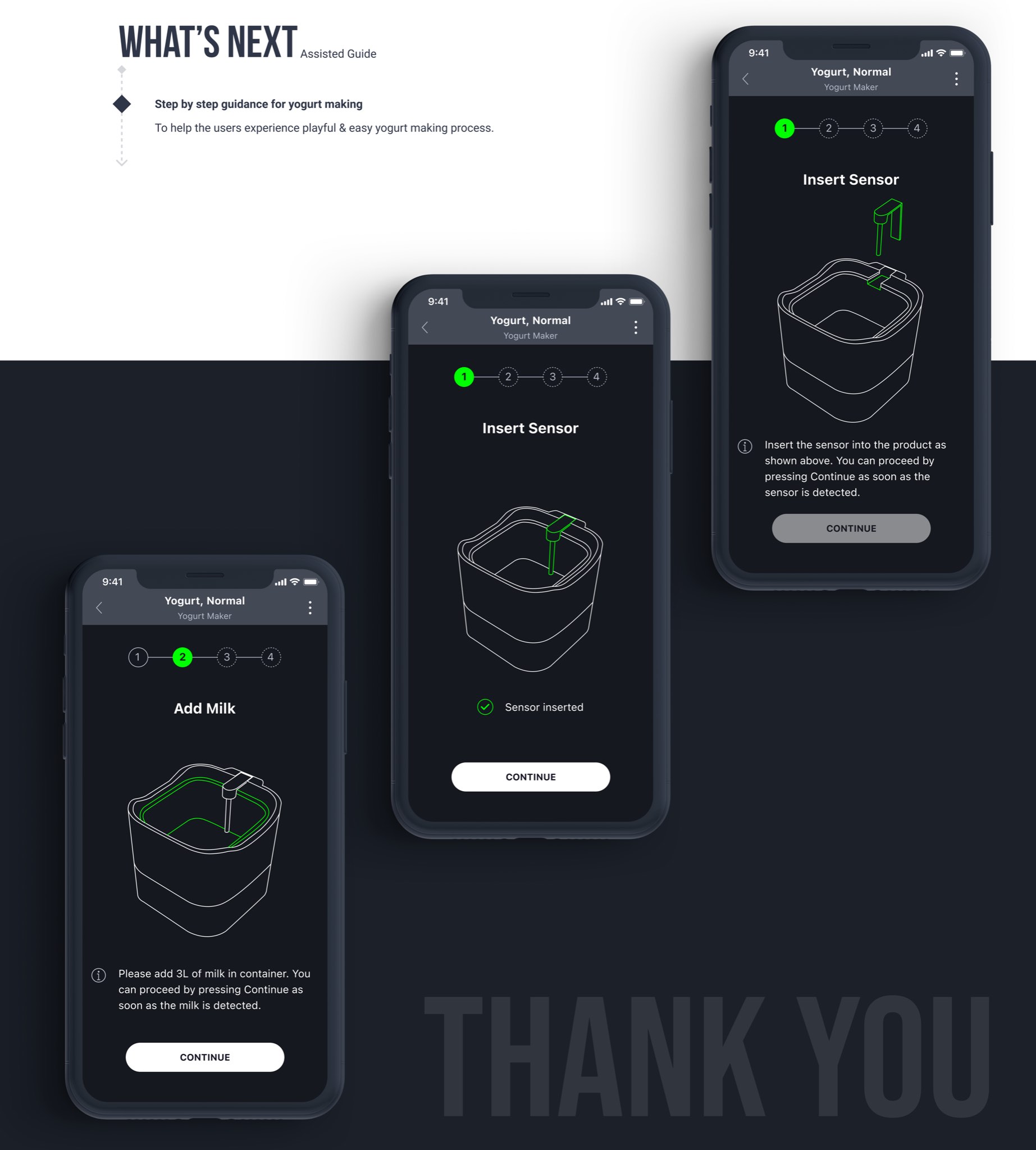 Assisted Guide screens — a four-step progress indicator walking through Insert Sensor and Add Milk, each confirming once detected