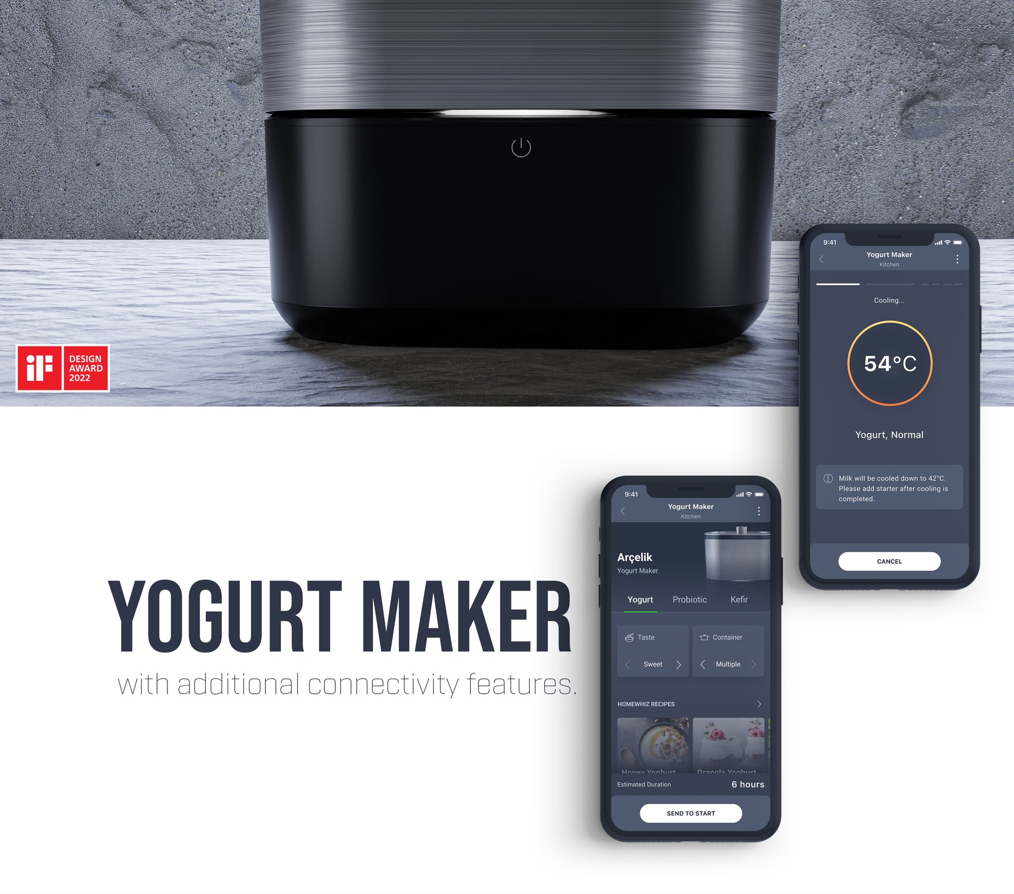 The Beko Gourmet Yogurt Maker alongside two phones showing the HomeWhiz app — a program setup screen and a cooling screen at 54°C