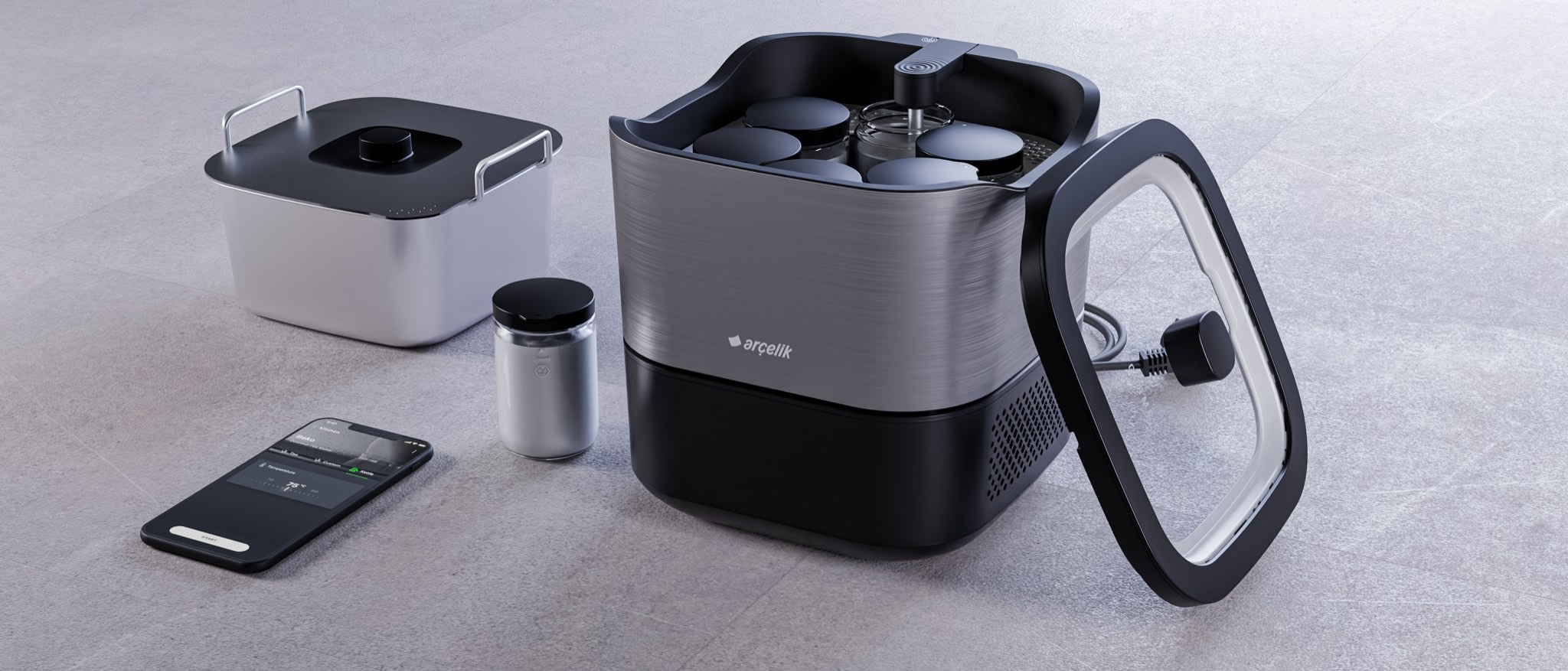 The yogurt maker with its lid, inner container, glass jars and a phone running the HomeWhiz app