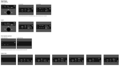 Board of earlier device panel alternatives showing dial and button layouts, closed-device appearance, and a usage sequence