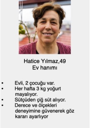 Persona card for a 49-year-old homemaker who ferments three kilos of yogurt a week from raw milk and judges temperature by experience